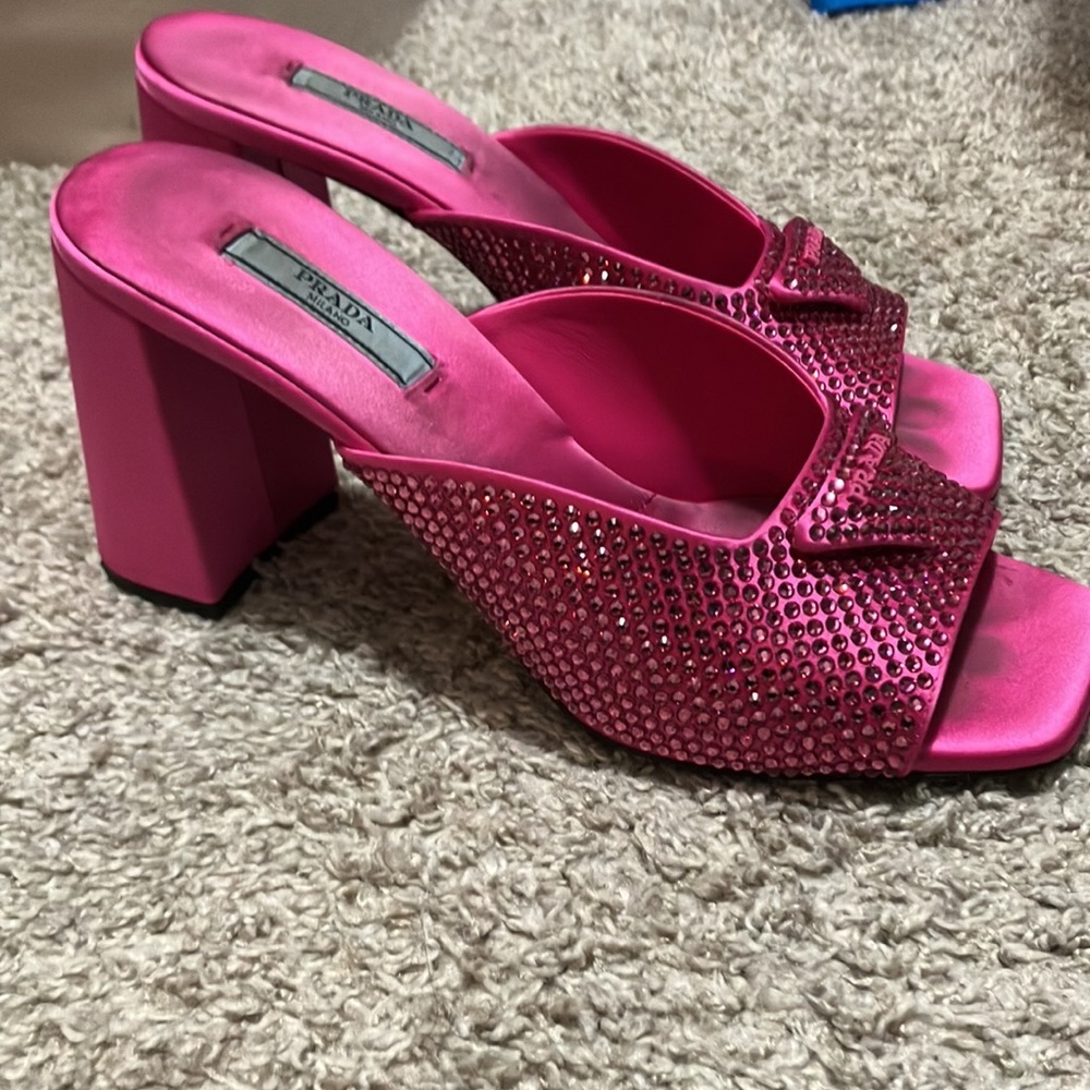 PRADA CRYSTAL-STUDDED HIGH-HEELED SATIN SLIDES